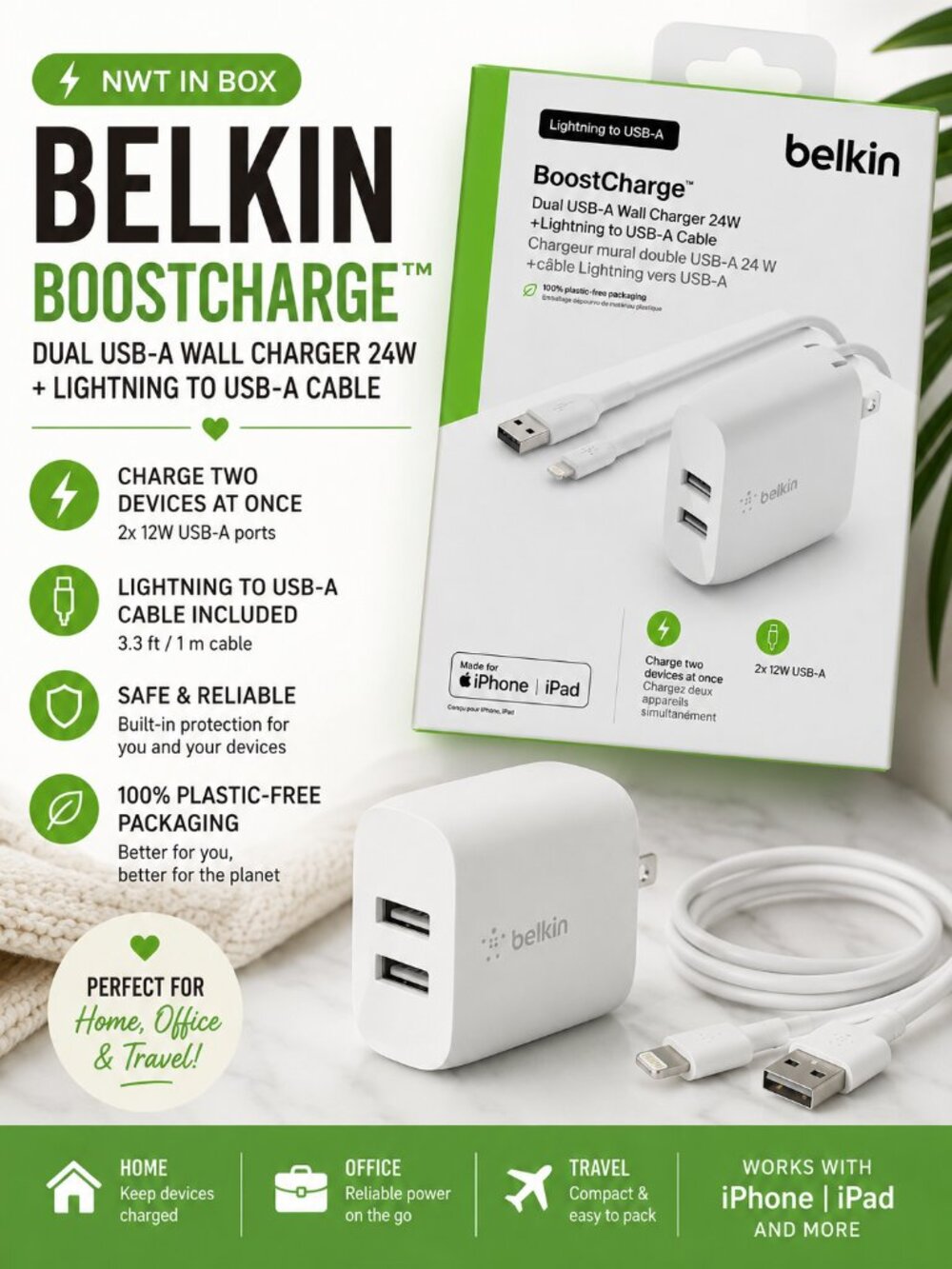 Belkin BoostCharge 24W Dual USB-A Wall Charger + Lightning Cable NWT in Box
